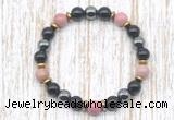 CGB8371 8mm pink wooden jasper, black onyx & hematite energy bracelet