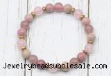 CGB8444 8mm pink wooden jasper, strawberry quartz, rose quartz & hematite power beads bracelet