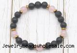 CGB8467 8mm black lava, rose quartz & hematite power beads bracelet