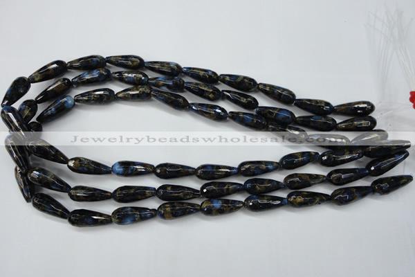 CGO195 15.5 inches 12*40mm faceted teardrop gold blue color stone beads