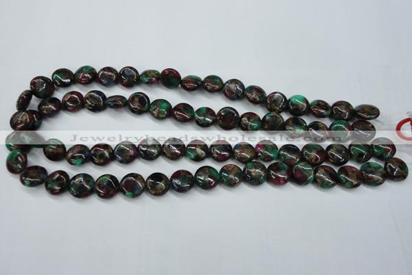 CGO33 15.5 inches 14mm flat round gold multi-color stone beads