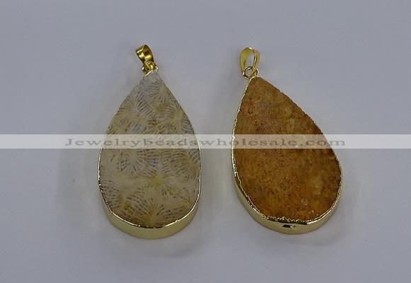 CGP3016 28*50mm flat teardrop fossil coral pendants wholesale