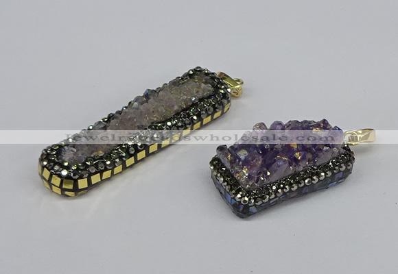 CGP3383 10*35mm - 15*50mm rectangle plated druzy amethyst pendants