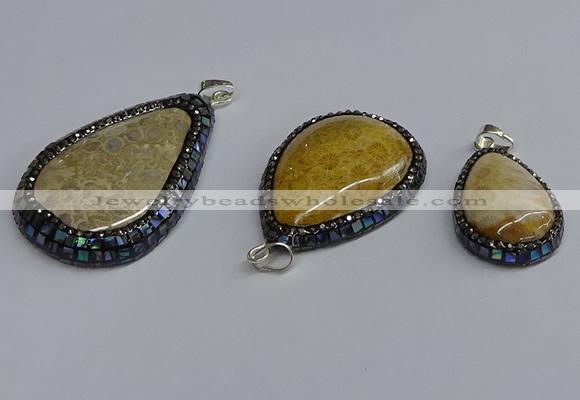 CGP3415 22*35mm - 35*50mm flat teardrop fossil coral pendants