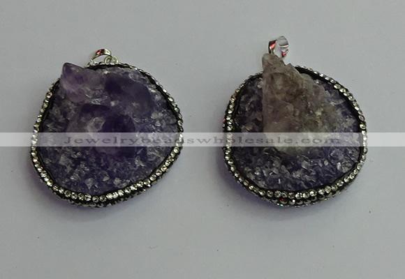 CGP366 30*40mm - 35*45mm freeform crystal glass & amethyst pendants