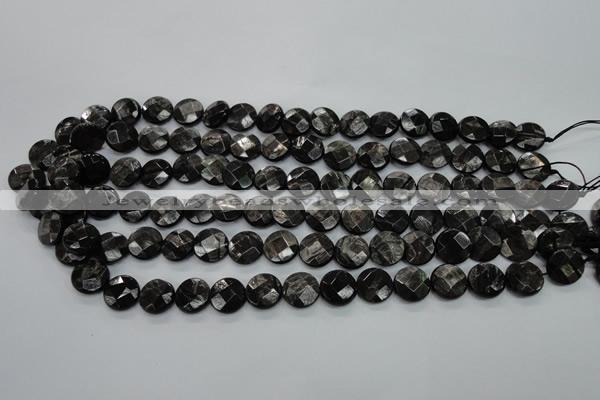 CHS18 15.5 inches 12mm faceted coin natural hypersthene beads