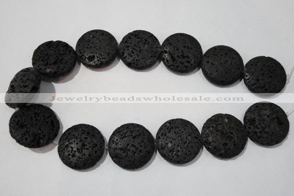 CLV502 15.5 inches 30mm flat round black lava beads wholesale