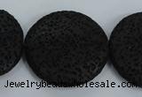 CLV51 15.5 inches 32mm flat round black natural lava beads wholesale