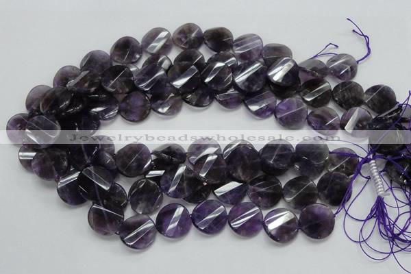 CNA45 15.5 inches 20mm twisted faceted coin grade A natural amethyst beads