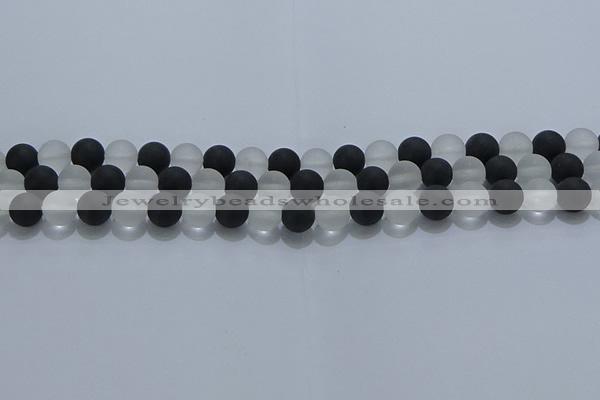 CNC112 15.5 inches 8mm round matte white crystal & black agate beads