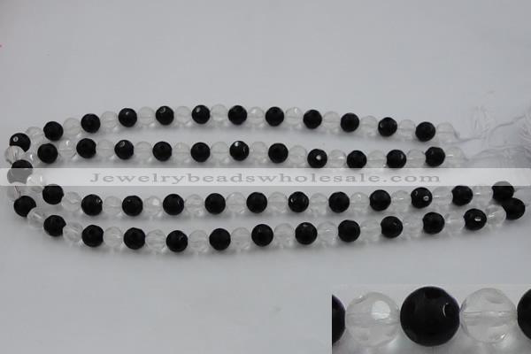 CNC86 15.5 inches 8mm carved round matte white crystal & black agate beads