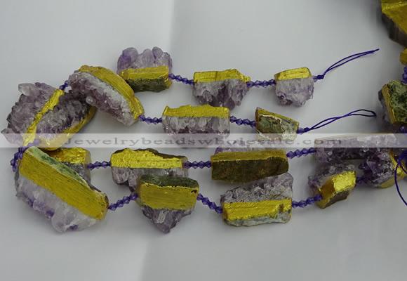 CNG5209 15.5 inches 15*20mm - 12*40mm freeform plated druzy amethyst beads