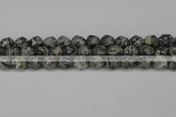 CNG6054 15.5 inches 12mm faceted nuggets grey picture jasper beads