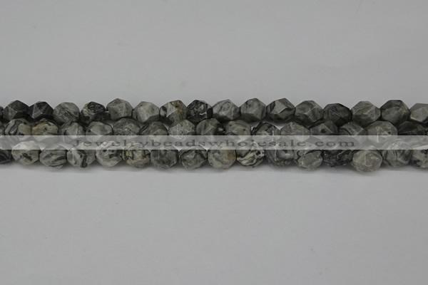 CNG6127 15.5 inches 8mm faceted nuggets grey picture jasper beads