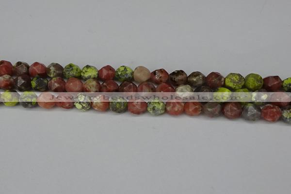 CNG6193 15.5 inches 10mm faceted nuggets red plum blossom jade beads