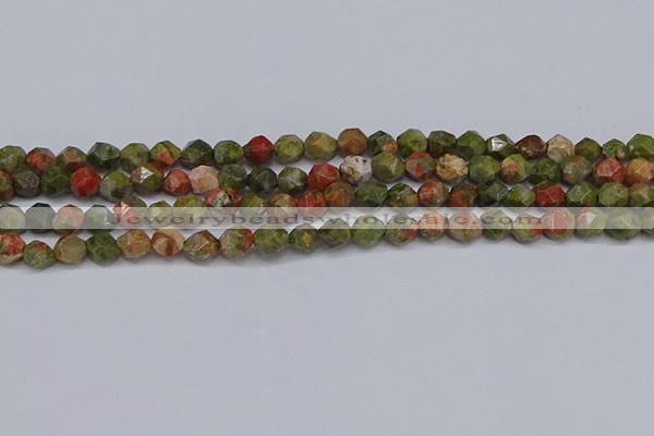 CNG6254 15.5 inches 6mm faceted nuggets unakite beads wholesale