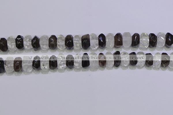 CNG6380 6*14mm - 8*14mm nuggets white crystal & smoky quartz beads