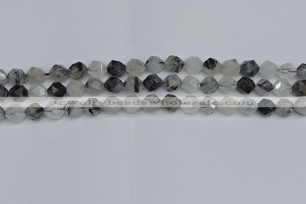 CNG7246 15.5 inches 8mm faceted nuggets black rutilated quartz beads