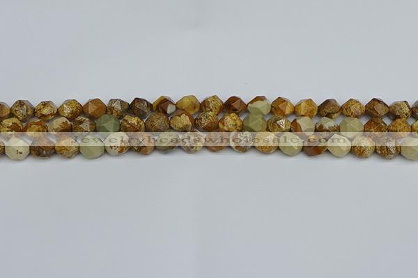 CNG7376 15.5 inches 8mm faceted nuggets picture jasper beads