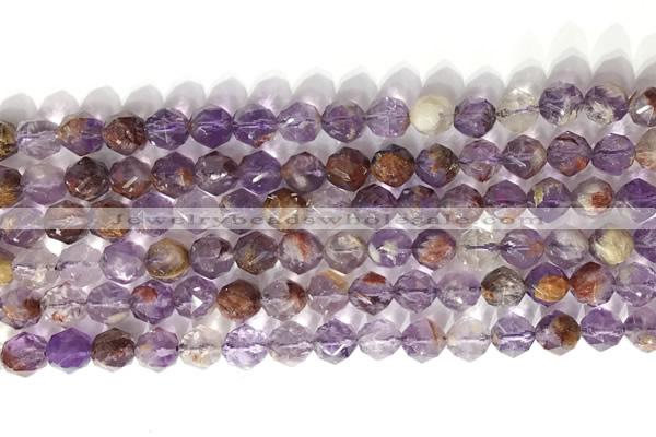 CNG9062 15.5 inches 8mm faceted nuggets purple phantom quartz beads