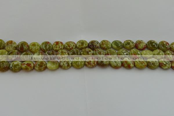 CNS622 15.5 inches 10mm flat round green dragon serpentine jasper beads