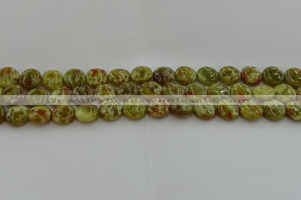 CNS623 15.5 inches 12mm flat round green dragon serpentine jasper beads