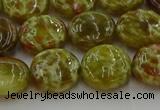 CNS624 15.5 inches 15mm flat round green dragon serpentine jasper beads