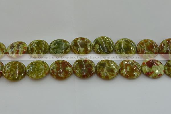 CNS627 15.5 inches 25mm flat round green dragon serpentine jasper beads