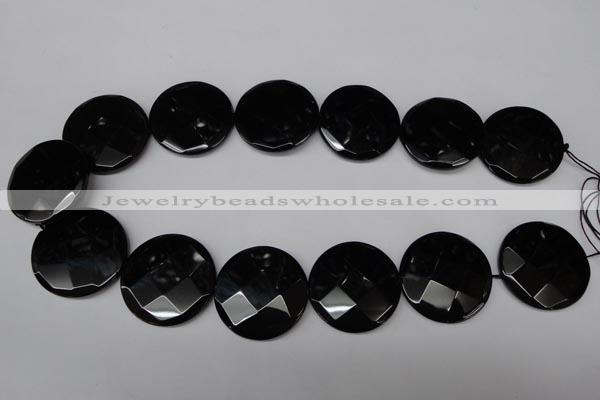 CON85 15.5 inches 32mm faceted coin black onyx gemstone beads