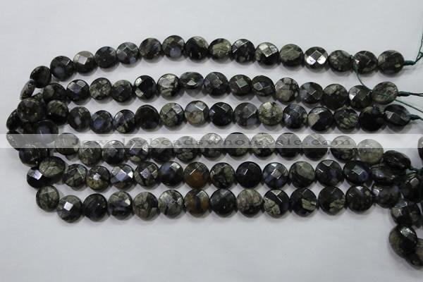 COP481 15.5 inches 12mm faceted coin natural grey opal beads