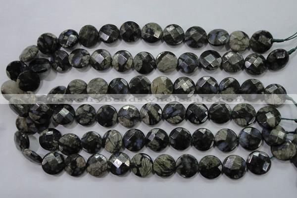 COP482 15.5 inches 15mm faceted coin natural grey opal beads