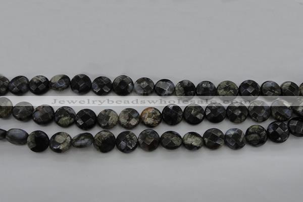 COP495 15.5 inches 10mm faceted coin natural grey opal beads