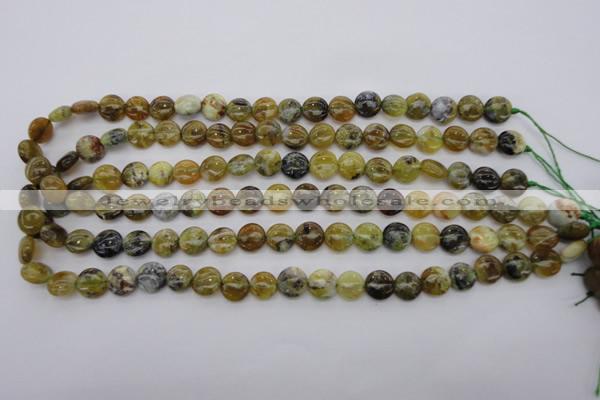 COP567 15.5 inches 10mm flat round natural yellow & green opal beads