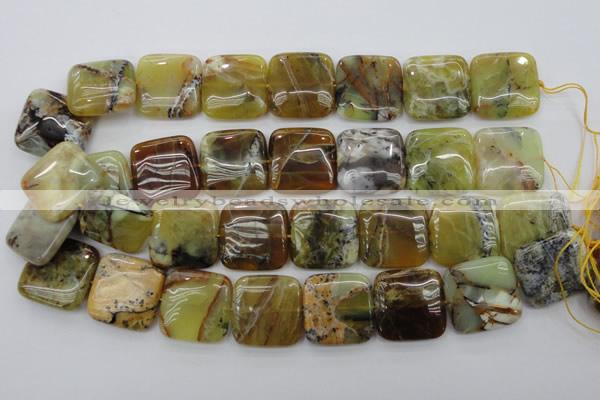 COP581 15.5 inches 25*25mm square natural yellow & green opal beads