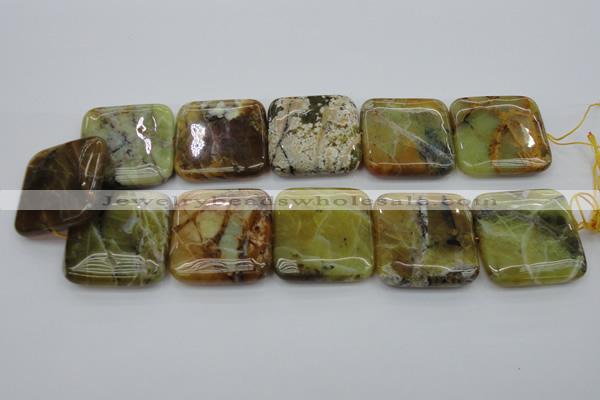 COP583 15.5 inches 35*35mm square natural yellow & green opal beads