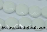 CPB302 15 inches 14mm faceted coin white porcelain beads