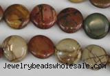 CPJ351 15.5 inches 14mm flat round picasso jasper gemstone beads