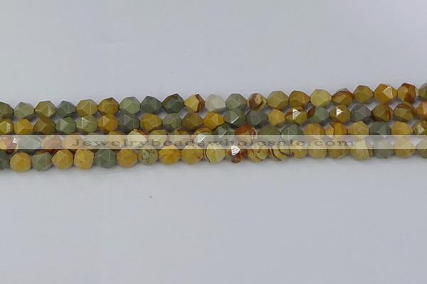 CPJ570 15.5 inches 6mm faceted nuggets wildhorse picture jasper beads