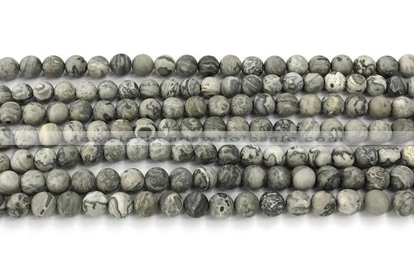 CPJ741 15 inches 6mm round matte grey picture jasper beads