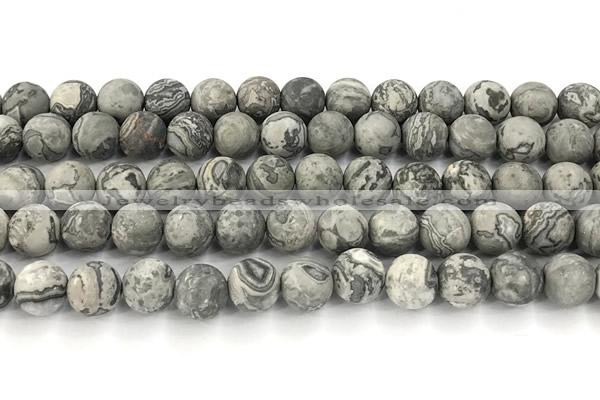 CPJ743 15 inches 10mm round matte grey picture jasper beads