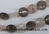 CPQ101 10mm flat round natural pink crystal & smoky quartz beads