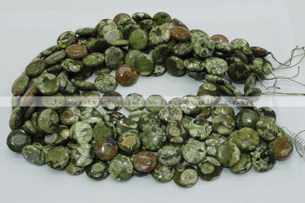 CPS37 15.5 inches 16mm flat round green peacock stone beads