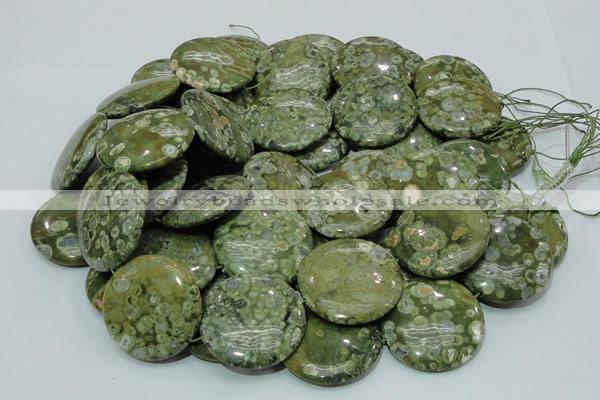 CPS41 15.5 inches 40mm flat round green peacock stone beads