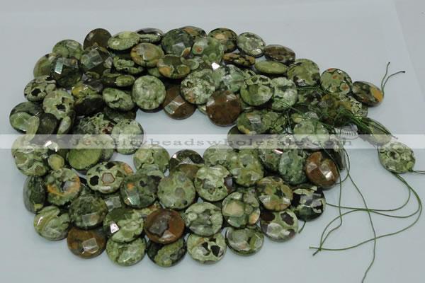 CPS86 15.5 inches 16mm faceted flat round green peacock stone beads