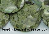 CPS88 15.5 inches 40mm faceted flat round green peacock stone beads