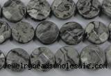 CPT140 15.5 inches 12mm faceted coin grey picture jasper beads