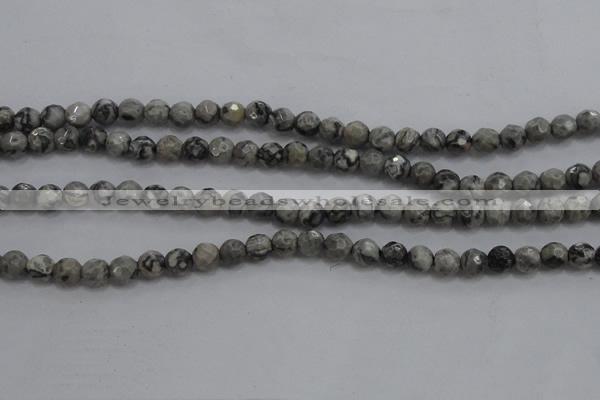 CPT186 15.5 inches 4mm faceted round grey picture jasper beads