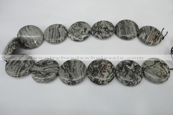 CPT361 15.5 inches 30mm flat round grey picture jasper beads