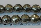 CPY110 15.5 inches 14mm faceted round pyrite gemstone beads wholesale