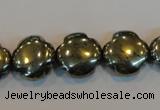 CPY163 15.5 inches 15mm carved flower pyrite gemstone beads wholesale